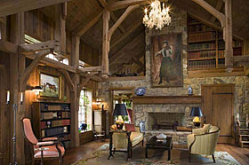 The pinnacle of the timber framing occurs in the library which tiers up to a large windowed cupola.
